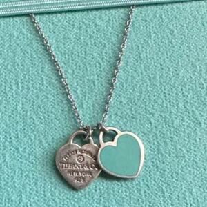 Tiffany & Co. Return Mini Double Heart Tag Pendant Necklace Blue Enamel Diamond